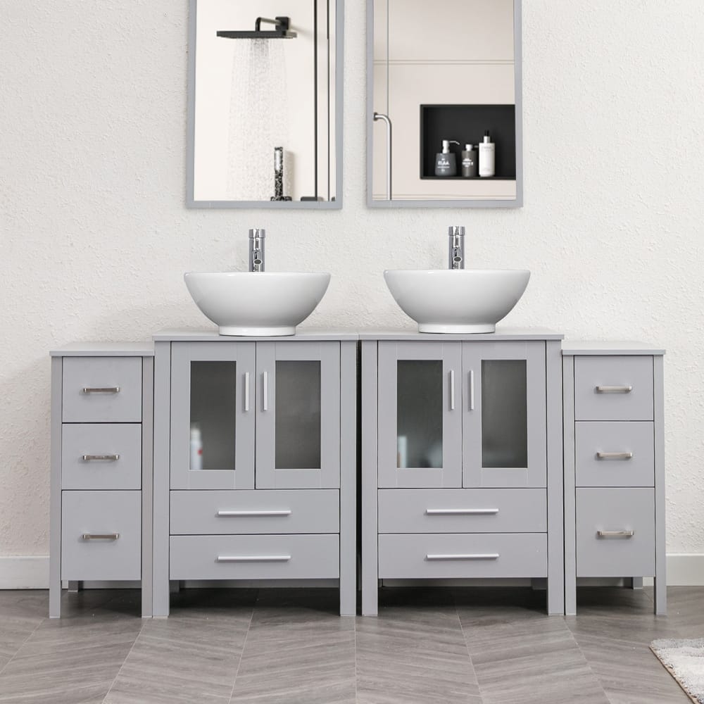 72" Bathroom Vanity Set Glass Ceramic Vessel Sink Side Cabinet Combo