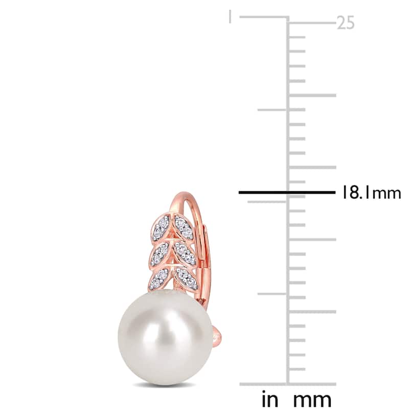 Miadora 10k Rose Gold Freshwater Cultured Pearl and 1/10ct TDW Diamond Leaf Leverback Earrings (9-9.5mm)