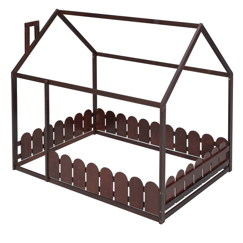 Full Size Wood House Bed Frame with Fence for Children's Bedrooms, Small Space, Playhouse Design, Slats Not Included