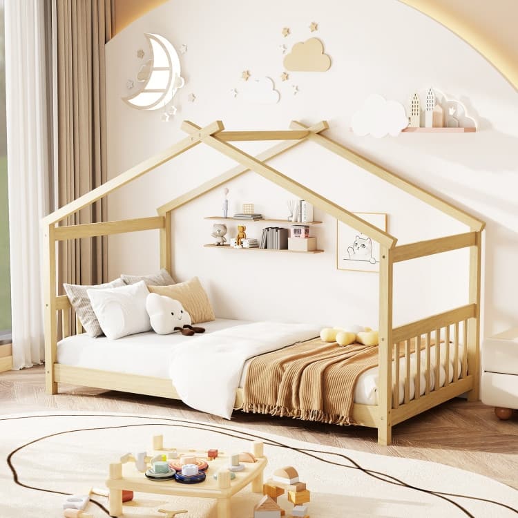 Twin House Bed Frame for Kids with Roof Design and Wood Slat Support