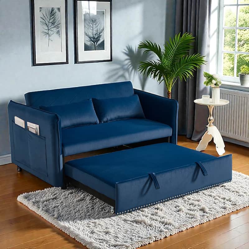 3 in 1 Convertible Sleeper Sofa Bed, Velvet Futon Loveseat with Pull Out Bed, Adjustable Backrest and Side Pockets