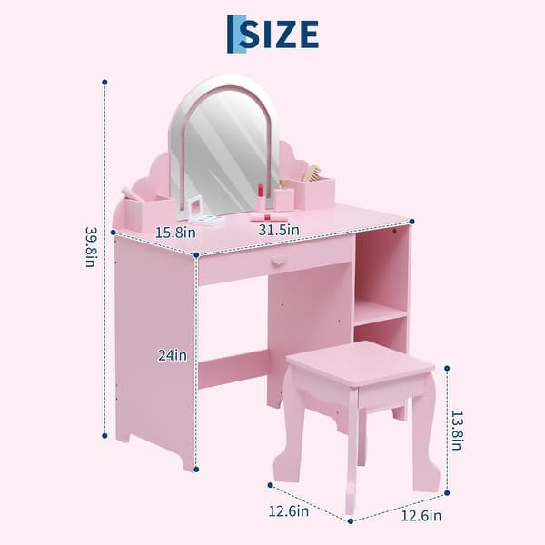 dimension image slide 1 of 3, Kids Vanity Desk with Mirror and Lights