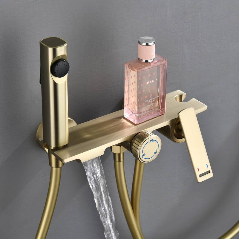 Wall Mount Tub Faucet with Hand Shower Brass Waterfall Tub Filler with Slide Bar Bahttub Faucet with Bidet Sprayer