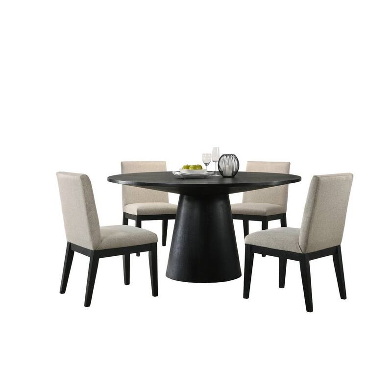 Kiy 5pc Black Dining Table Set with 4 Ergonomic Chairs, Beige Upholstery