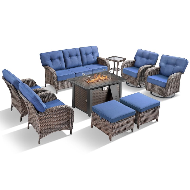 TWrap Wicker Patio Iron Fire Pit Conversation Set with 3-Seat Sofa & Swivel Gliders & Armchairs