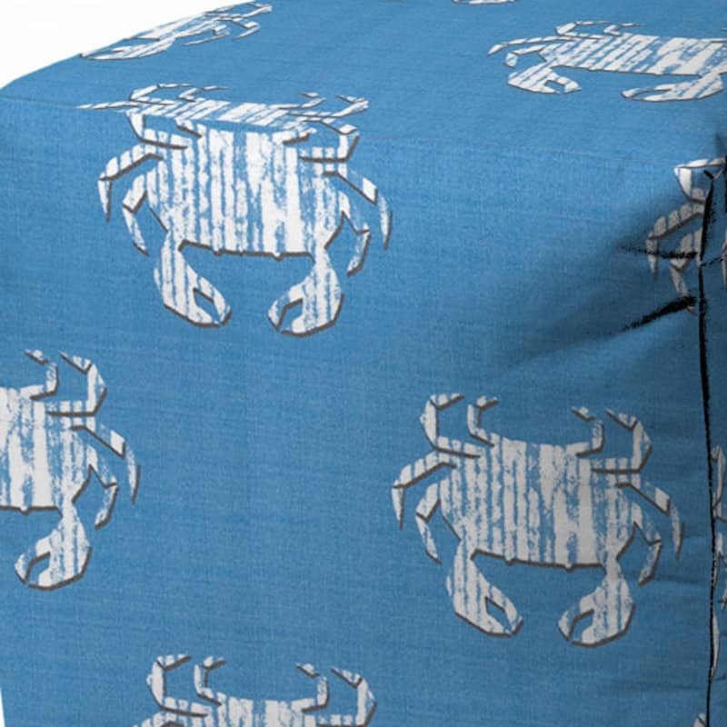 HomeRoots 17" Blue and White Polyester Cube Crab Outdoor Pouf Ottoman - 17' X '17' X '17