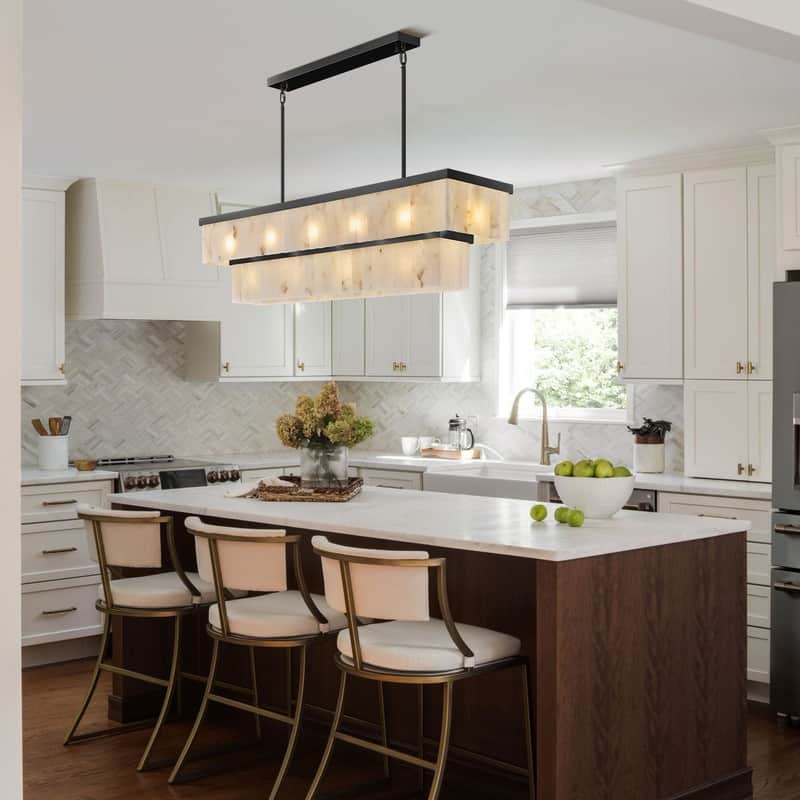 Elegant layered alabaster chandelier with natural stone panels