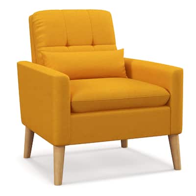 Gymax Mid-century Modern Accent Chair Linen Fabric Reading Armchair w/