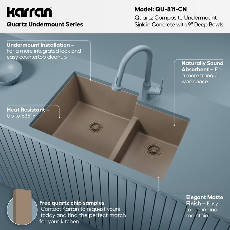 Karran Undermount Large/Small Bowl Quartz Kitchen Sink - 32" x 21.25" x 9" - 32" x 21.25" x 9"