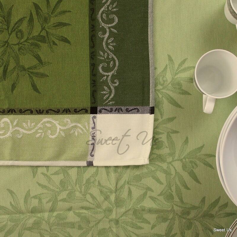 Wipeable Spill Resistant French Cotton Olive Jacquard Tablecloth