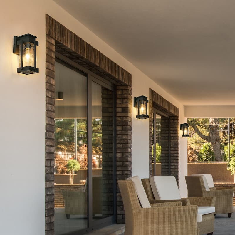 Modern Black Outdoor 1-light Lantern Wall Light Porch Front Door Dimmable Exterior Lights Glass Iron