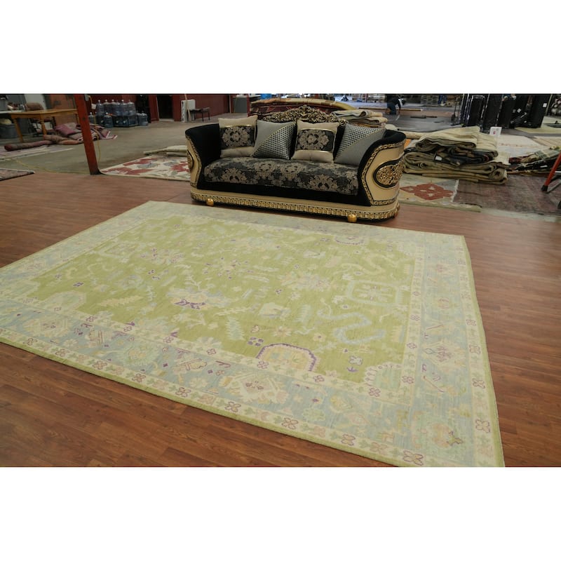 Handmade Green Oushak Vegetable Dye Area Rug Floral Geometric Carpet - 12' 0'' X 9' 0''