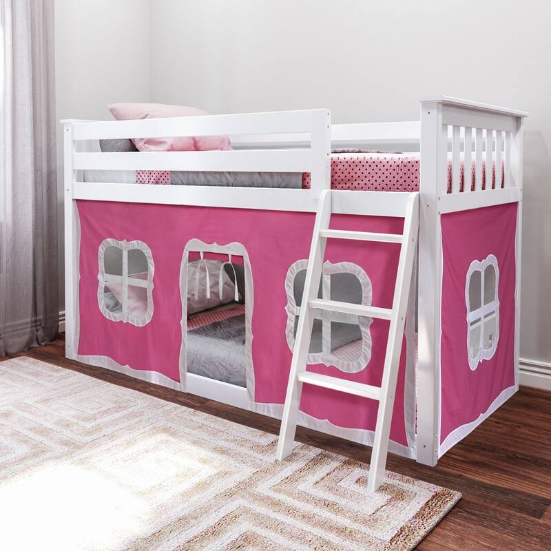 Max and Lily Twin over Twin Low Bunk with Curtains - White with Pink/White Curtain