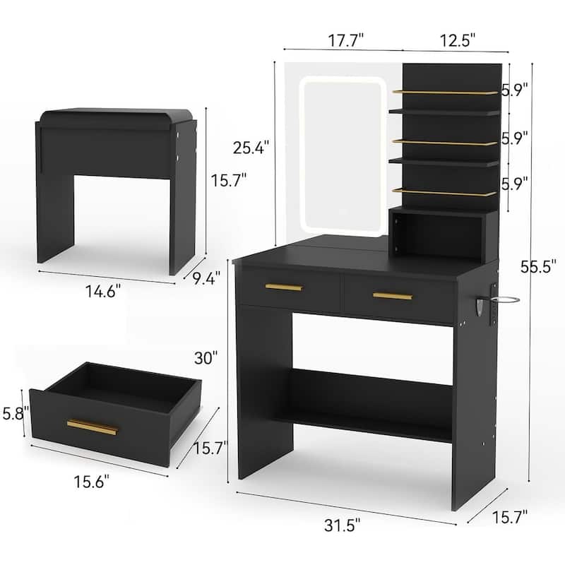 2 DrawersMakeup Vanity Desk Set with Mirror, Lights, Open Storage Shelves