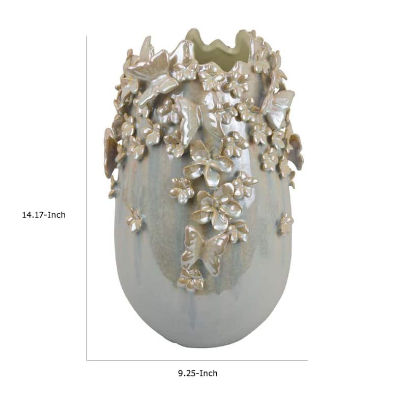 Accent Vase, Gray Silver Ceramic, Flowers and Butterflies, 14 Inch