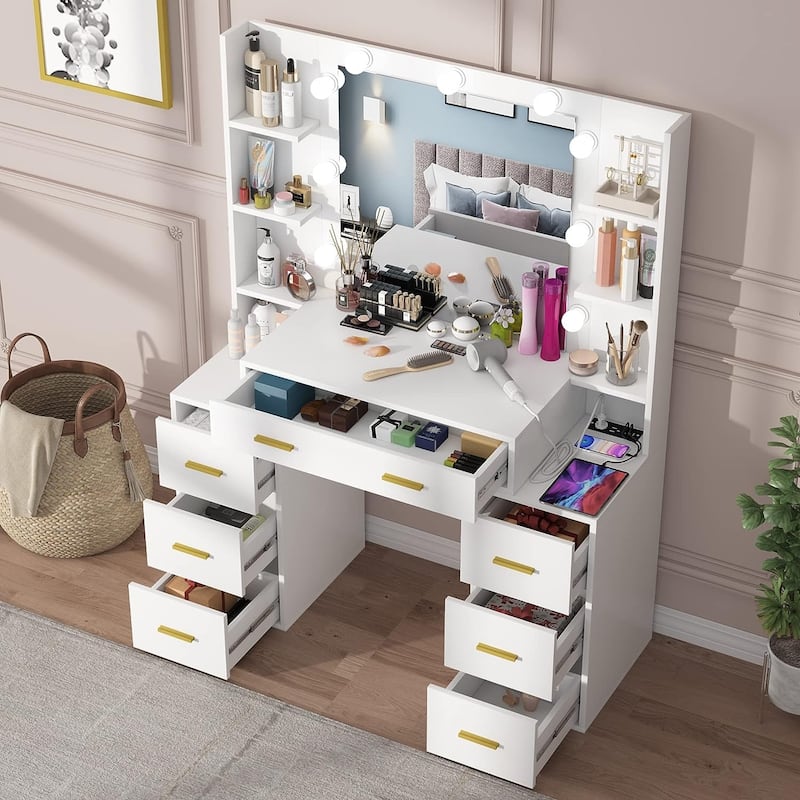 43'' Makeup Vanity with 3 Color Light, Charging Station, Storage Shelves, 7 Drawers
