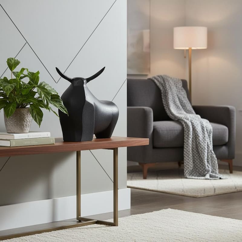 HomeRoots 11" Black Aluminum Bull Tabletop Sculpture - 12.60 in. x 10.50 in. x 4.75 in. - Black - 12.60 in. x 10.50 in.  x 4.75 in.