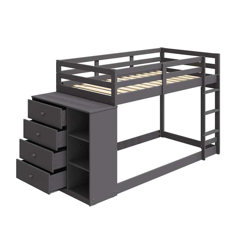 Twin over Twin Pine Frame Bunk Bed with Storage and 4 Drawers and 3 Open Compartments