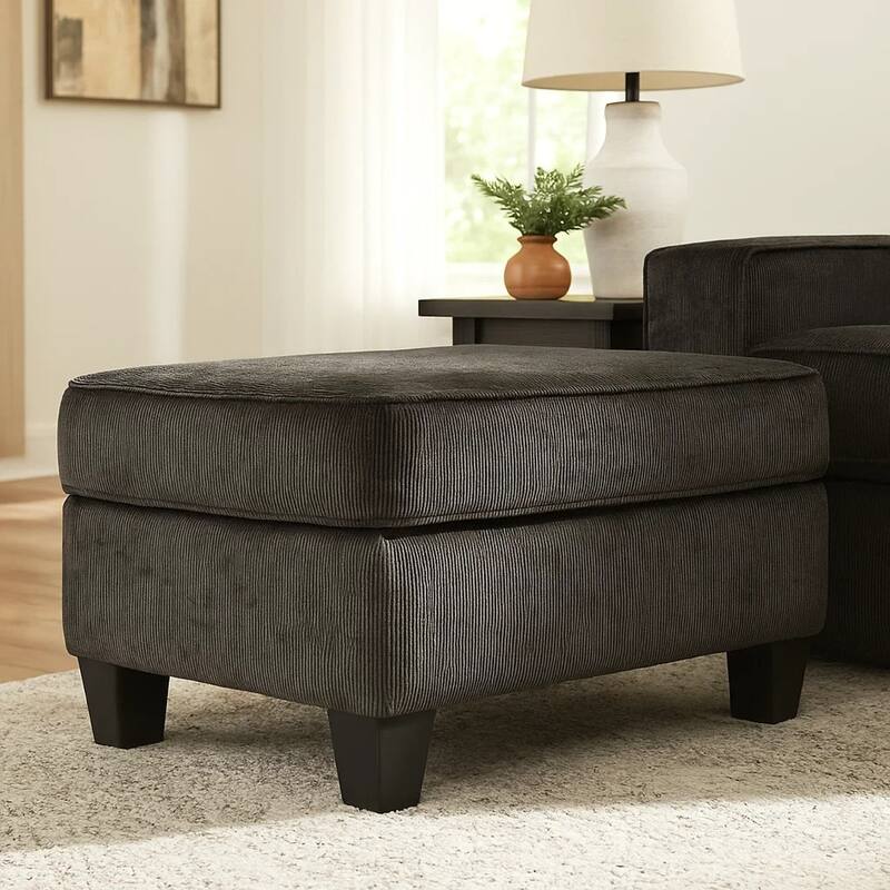 Erin Ottoman with Corner Block Frame, 33 Inch Dark Gray Polyester