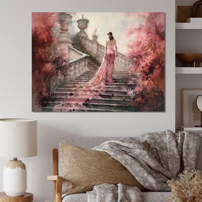 Designart "Elegant Woman Walking Down Stairs V" Woman Romantic Canvas Art Print
