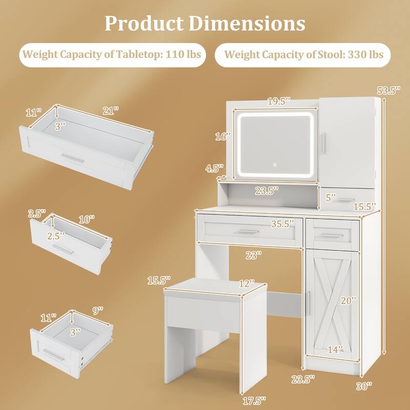 Gymax Farmhouse Vanity Set w/Mirror & Lights 3 Lighting Modes &