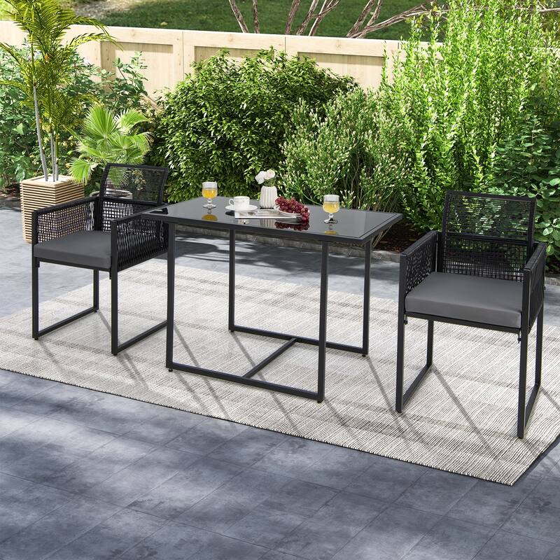 3 Pieces Outdoor Dining Set with Folding Backrest and Seat Cushions-Black - 20.5" x 20.5" x 33.5"