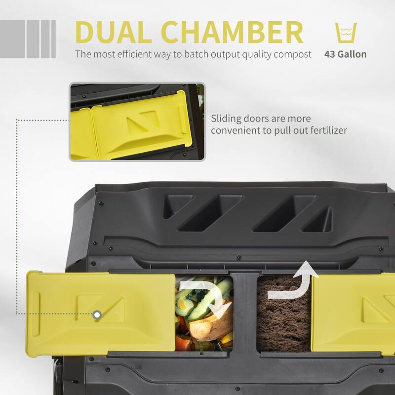 Outsunny Tumbling Compost Bin Outdoor Dual Chamber 360-deg Rotating Composter 43 Gallon w/ Sliding Doors & Solid Steel Frame