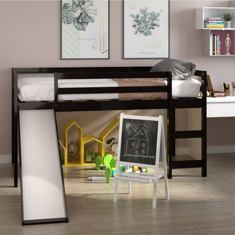 Gymax Twin Size Loft Bed with Slide Wood Low Sturdy Loft Bed for Kids