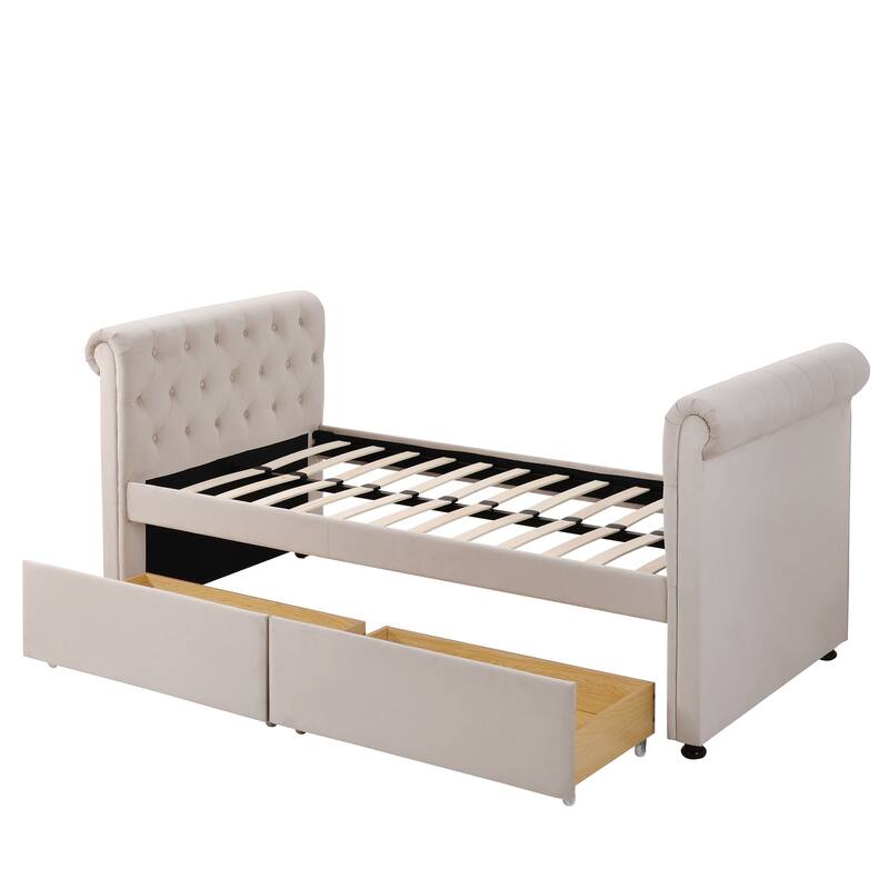 Twin Size Upholstered Daybed with Drawers, Wood Slat Support, No Box Spring Needed