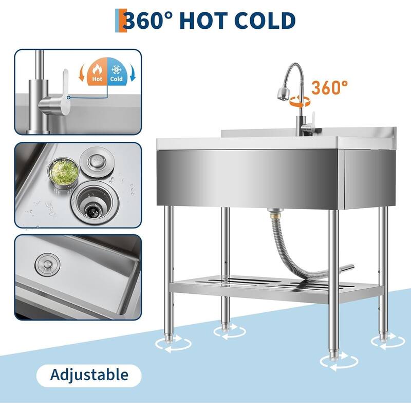 36x 20 x 35.5inch Freestanding Stainless Steel Utility Sink with 360° Swivel Faucet