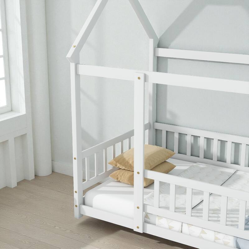 Twin Size Wooden House Floor Bed with Roof Frame and Safety Guardrails, Solid Rubber Wood Montessori Bed for Kids