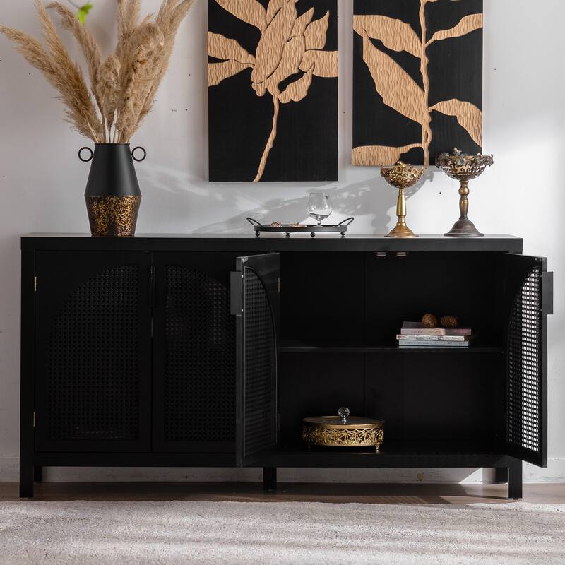 Modern Sideboard Buffet Cabinet with Faux Rattan Doors, Freestanding Wooden Storage Cabinet for Living Room, Entryway & Kitchen