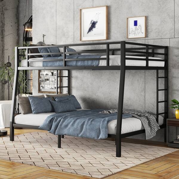 slide 2 of 9, Black Full XL over Queen Size Metal Bunk Bed with Fence, Ladder, Space-Saving and Noise Reduced for Teens and Adults Full XL over Queen - Black