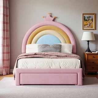 Full Size Velvet Platform Bed with Colorful Rainbow Headboard and 2 Storage Drawers, Upholstered Princess-Style Frame