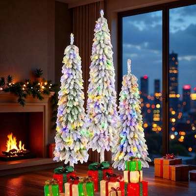 ﻿ Glitzhome 4.5/6/7.5ft Pre-Lit Pencil Slim Artificial Christmas Tree with Snow Flocked Branches, Multicolored Lights and Base