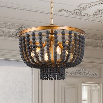 Mid-century Modern Boho Wood Beads Drum Chandelier 4-Light Farmhouse Distressed Pendant for Dining Room/ Foyer