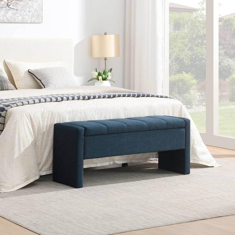 Modern Bed End Bench with Storage,Upholstered Large Foot Rest Stool, Comfy Window Vanity Bench for Living Room,Bedroom - Navy Blue
