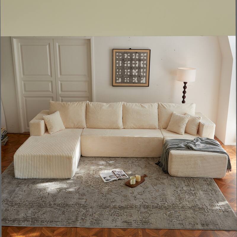 Modular Sectional Sofa with Chaise & Ottoman, Fabric Upholstered Boneless Cloud Sofa, Deep Seat Corner Sofa with Side Pockets