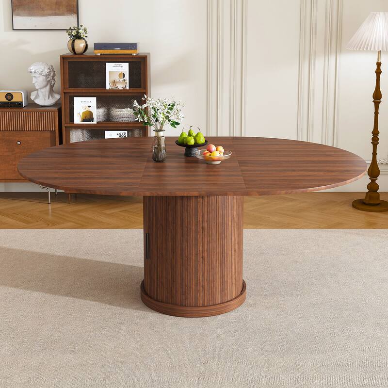 Anmytek Extendable Round Dining Table with Hidden Storage Walnut Pedestal Kitchen Table