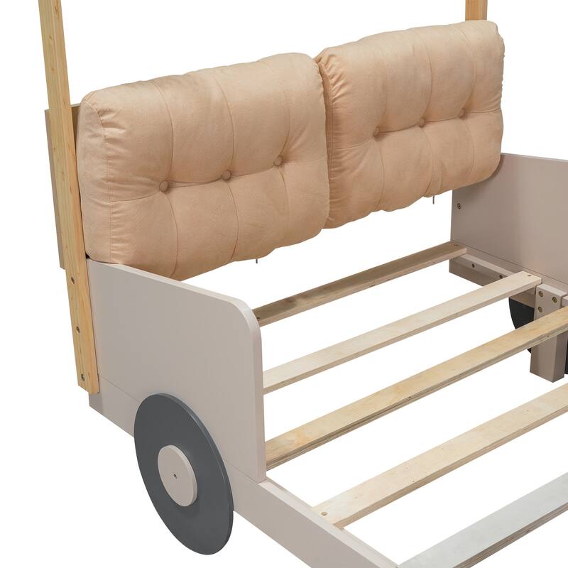 Twin Bed Frame for Kids, Twin Car Bed Wood Twin Size Car-Shaped Platform Bed with Pillow, Ceiling Cloth and LED