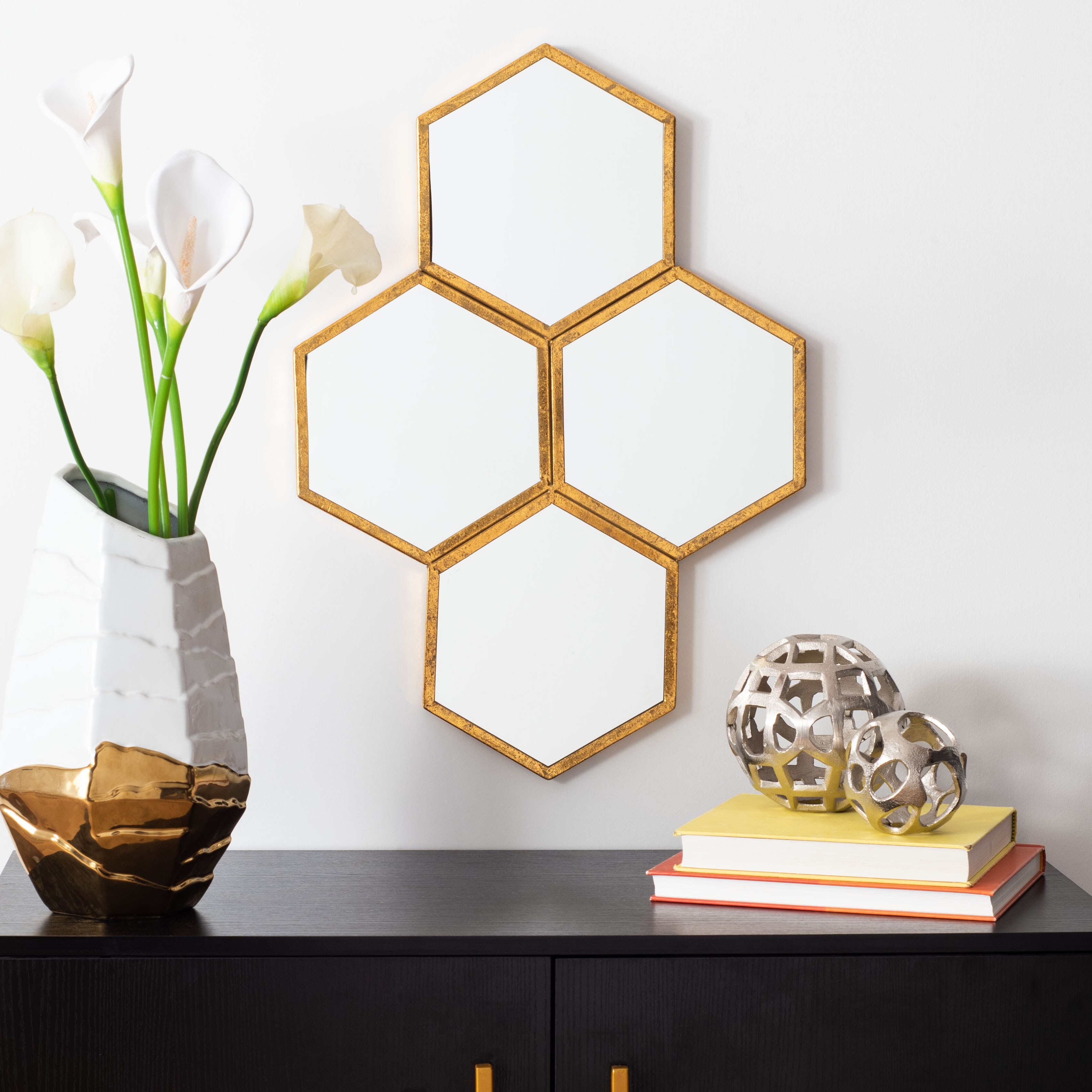 Wood Geometric Honeycomb Wall Decor with Mirrors Brown - CosmoLiving by  Cosmopolitan
