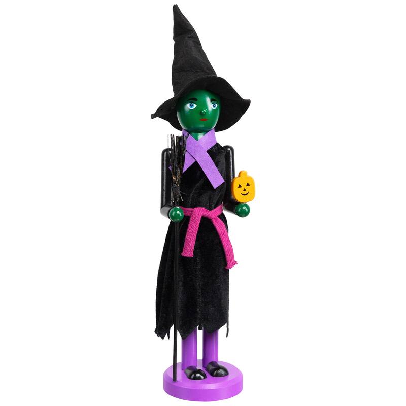 14" Black Green Witch Jack-O-Lantern Halloween Nutcracker with Broom