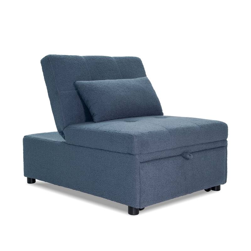 Blue Gray Sherpa Convertible Sofa Chair with Pull - out Bed and Adjustable Backrests
