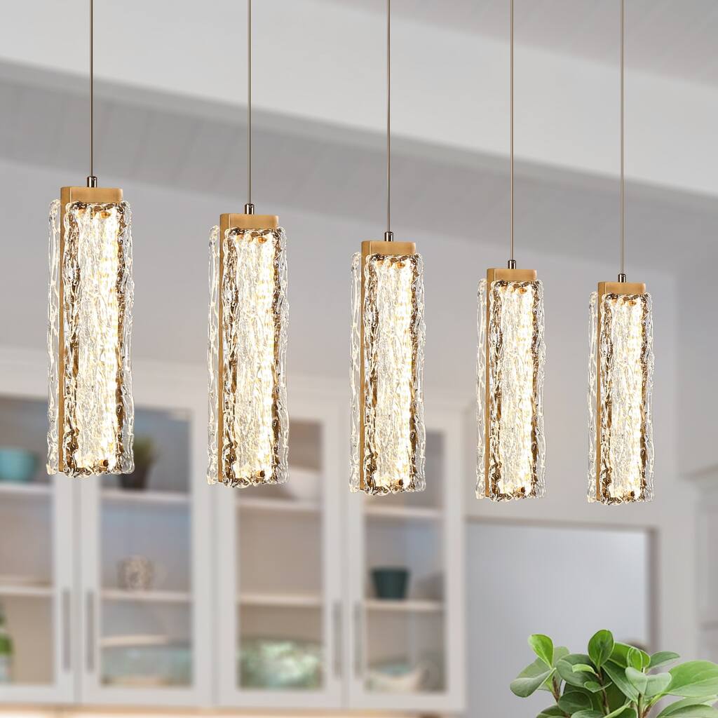 Modern Glam Gold 5-Light LED Chandelier Linear Textured Glass Pendant for Kitchen Island - W 39.3" x H 73.3"Max