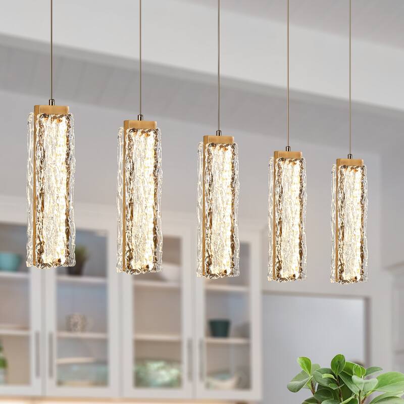 Modern Gold 5-Light LED Crystal Chandelier Glam Island Lights for Kitchen Island - W 39.3" x H 73.3"Max