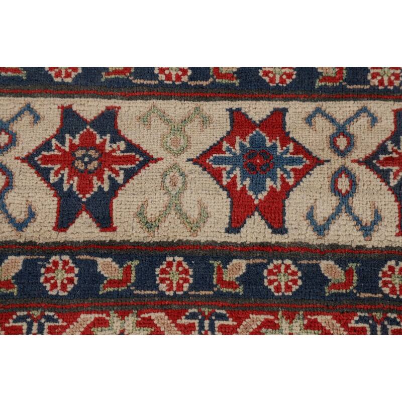 Blue Geometric Kazak Large Area Rug Hand-Knotted Wool Carpet - 9'9" x 13'2"