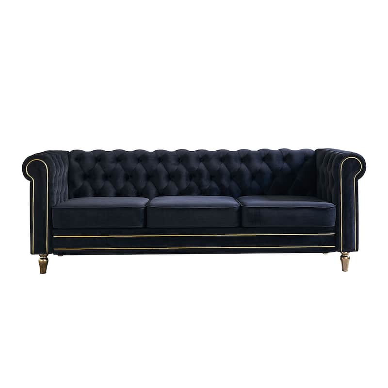Rolled Arm Chesterfield Velvet Sofa - 84.65" High-Density Foam, Electroplated Legs - Elegant Living Room Accent - Black