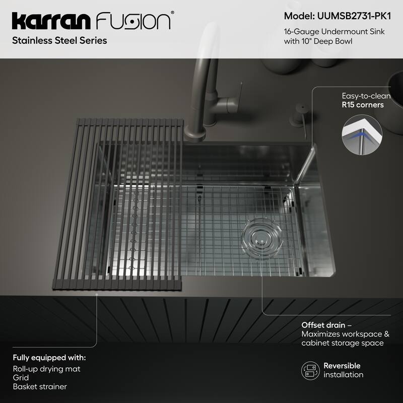 Karran Fusion Undermount 27-in x 18-1/4-in Stainless Steel Single Bowl Kitchen Sink