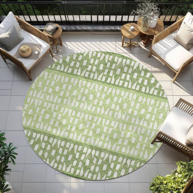 Machine Washable Indoor/ Outdoor Stripe Geo Chantille Rug - Green - 8' x 8'