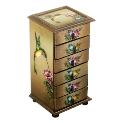 Novica Handmade Flying Hummingbirds Reverse Painted Glass Jewelry Box